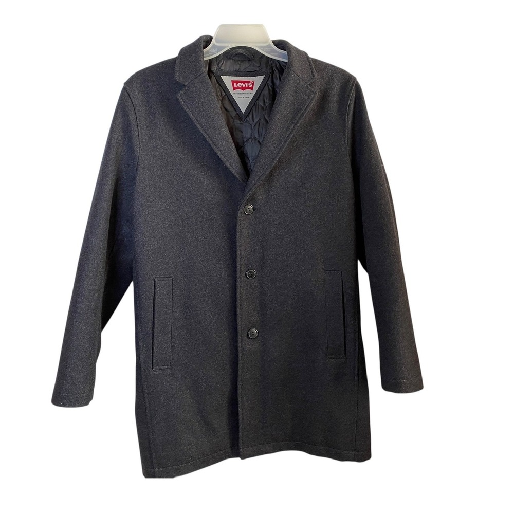 Levis Mens Charcoal Gray Wool Pea Coat Size Medium Quilted Lining Button front